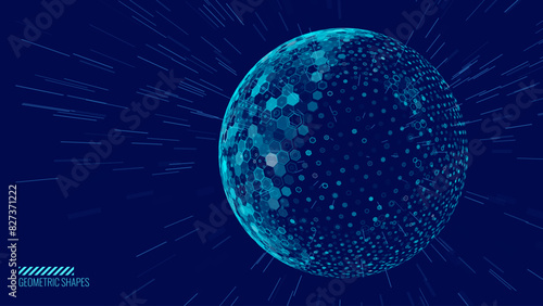 Geometric Dome Shield on a Dark Background. Futuristic Glowing Protection 3D Sphere. Technology Style HUD Design Element. Hexagon Force Field Shield. Vector Illustration. Digital Security Concept.