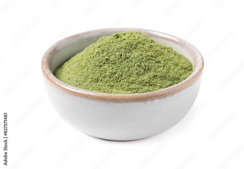 Wheat grass powder in bowl isolated on white Wheat grass powder in bowl isolated on white