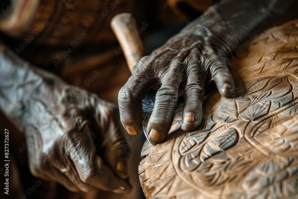Detail shot of artist's hands with weathered skin carving intricate patterns into wood Detail shot of artist's hands with weathered skin carving intricate patterns into wood