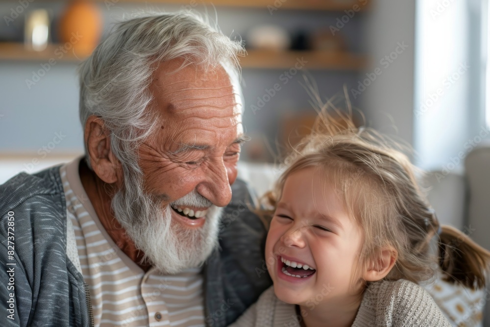 A heartwarming image of a white-haired elderly man sharing a joyful laugh with a little girl A heartwarming image of a white-haired elderly man sharing a joyful laugh with a little girl
