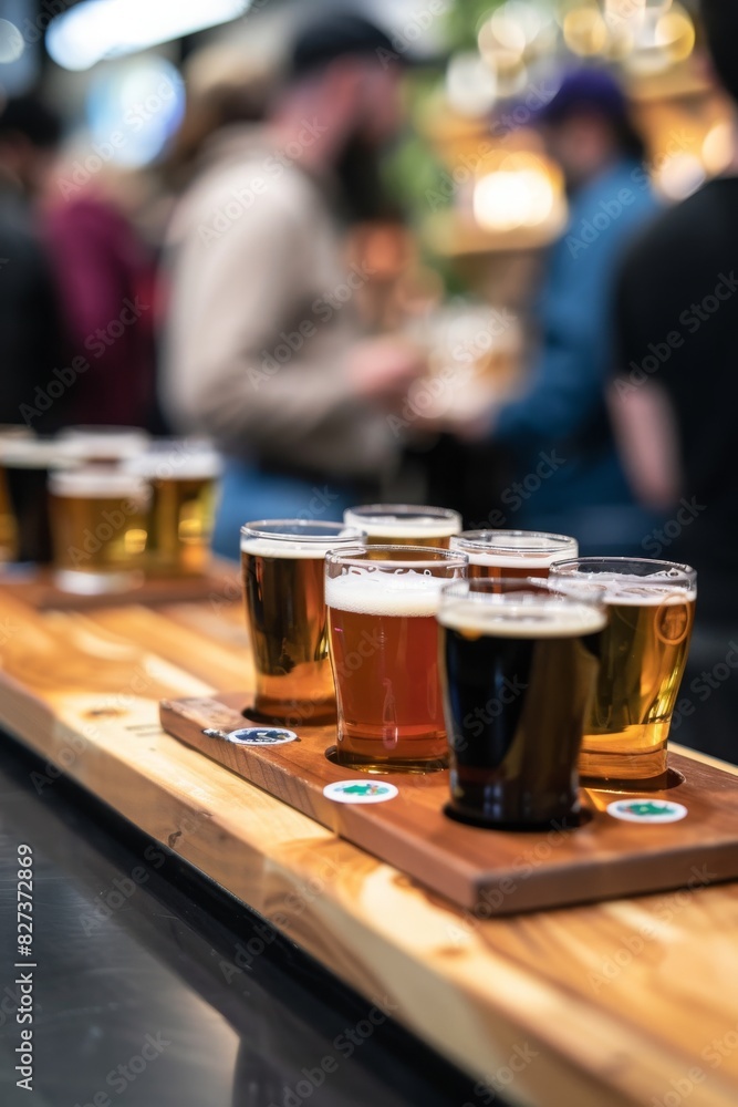 A beer flight served on a bar counter during a tasting event, with people mingling and enjoying their drinks in the background. The flight features seasonal and limited edition beers, each with a
