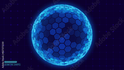 Geometric Dome Shield on a Dark Background. Futuristic Glowing Protection 3D Sphere. Technology Style HUD Design Element. Hexagon Force Field Shield. Vector Illustration. Digital Security Concept.