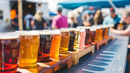 A beer flight on a table at a lively beer festival  with people sampling different brews and food trucks visible in the background. The flight features a range of styles  from pilsners to porters