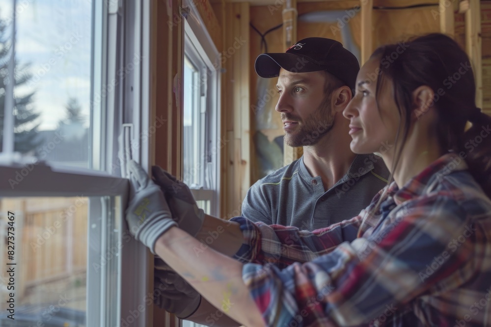 A man and a woman working together to install a new window in a bright room A man and a woman working together to install a new window in a bright room