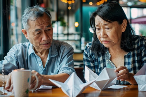Senior Asian couple concentrating on folding paper boats, symbolizing patience and dexterity in later life photo
