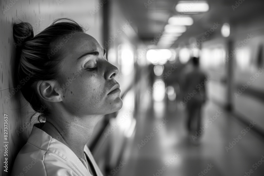 Side view of a weary healthcare worker leaning against a wall with face obscured Side view of a weary healthcare worker leaning against a wall with face obscured
