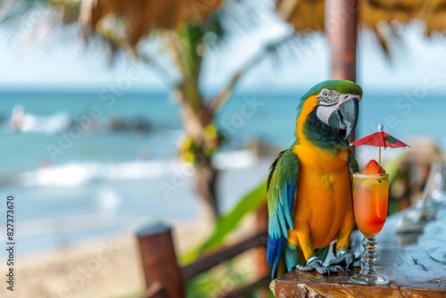 A blue-and-yellow macaw poses next to a tropical cocktail on a wooden bar counter with a beach view