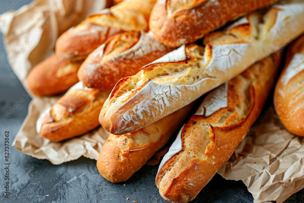 Freshly baked baguettes on rustic craft paper, close up shotfrench breakfast concept for food lovers Freshly baked baguettes on rustic craft paper, close up shotfrench breakfast concept for food lovers