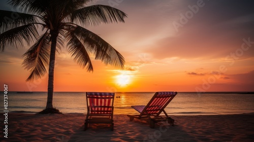 Sunset Serenity. Beach Chairs Facing The Ocean With A Palm Silhouette. Generative AI
