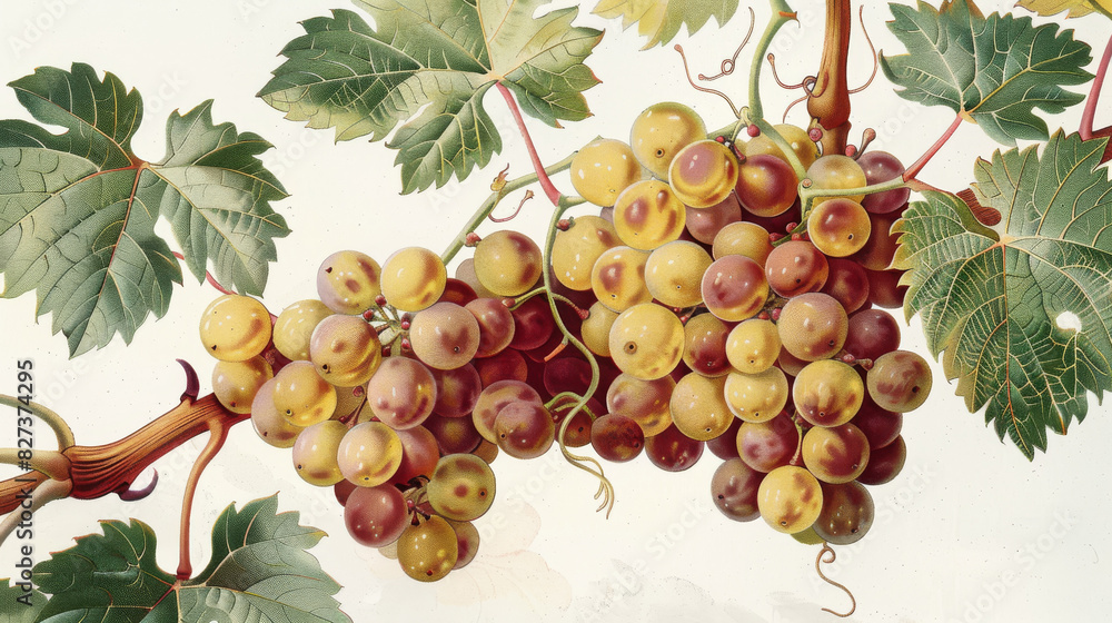 Obraz premium Antique botanical print of a bunch of grapes with detailed leaves.academy, aesthetic,isolated on white background, old botanical illustration