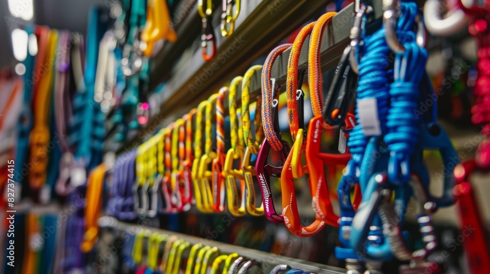 A vibrant display of climbing accessories, including various colorful carabiners and ropes, hanging neatly on a wall in a well-organized outdoor gear store A vibrant display of climbing accessories, including various colorful carabiners and ropes, hanging neatly on a wall in a well-organized outdoor gear store