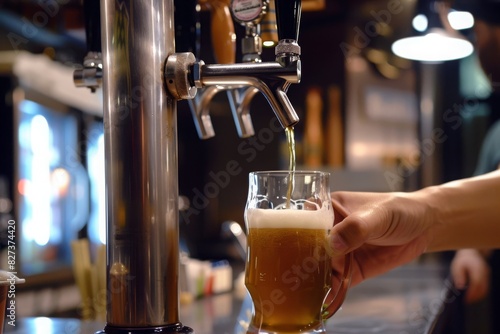 A detailed shot of a beer tap being pulled to pour a fresh draft beer into a glass  with the bar s interior decor visible in the background  giving a sense of the venue s character