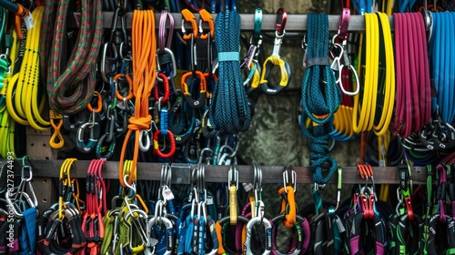 A vibrant display of climbing accessories, including various colorful carabiners and ropes, hanging neatly on a wall in a well-organized outdoor gear store
