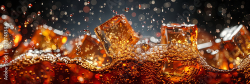 Close up of cold soda with ice cubes on a black background, Close-up of sparkling soda with ice cubes and bubbles creating a refreshing and invigorating beverage visual.banner
 photo