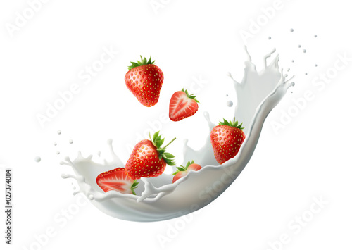 3d realistic vector icon illustration. Strawberry milk. Milk splash with strawberries falling. Isolated n white background. Dairy products or yoghurt with strawberries.