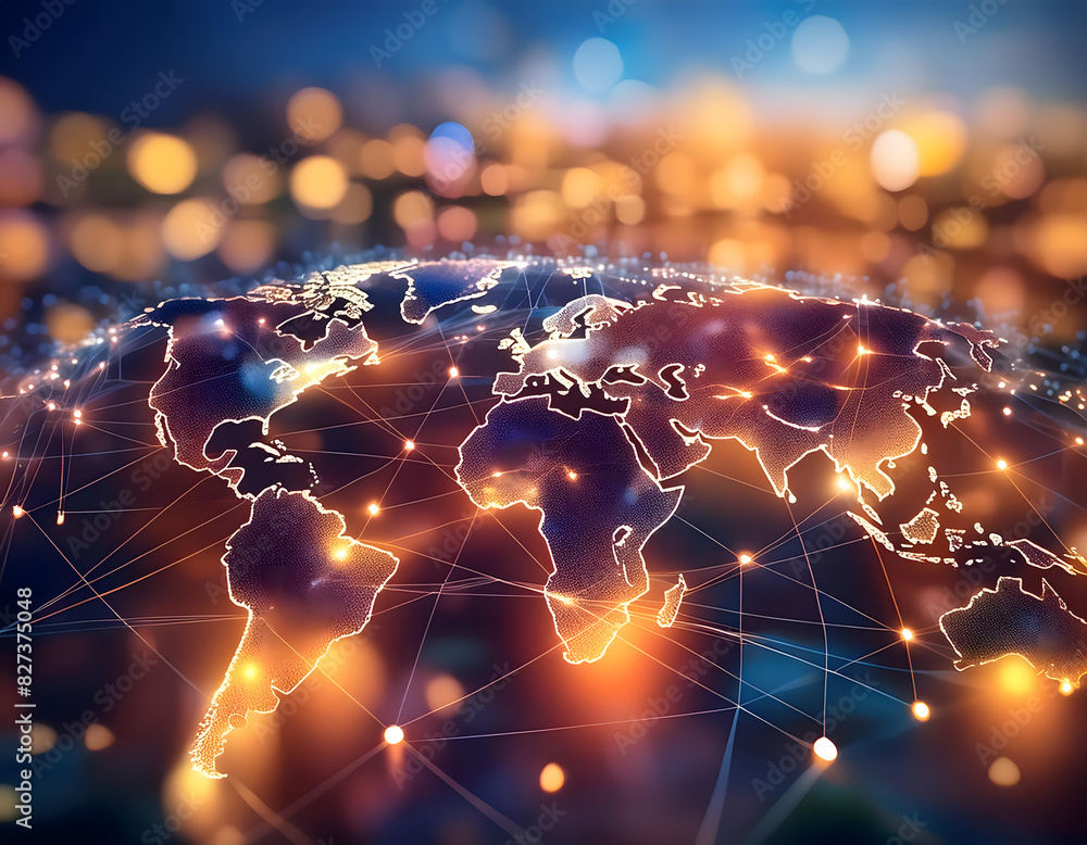 Sci-fi concept illustration: glowing stars and circles connect across a blue digital globe, symbolizing a global tech network Sci-fi concept illustration: glowing stars and circles connect across a blue digital globe, symbolizing a global tech network
