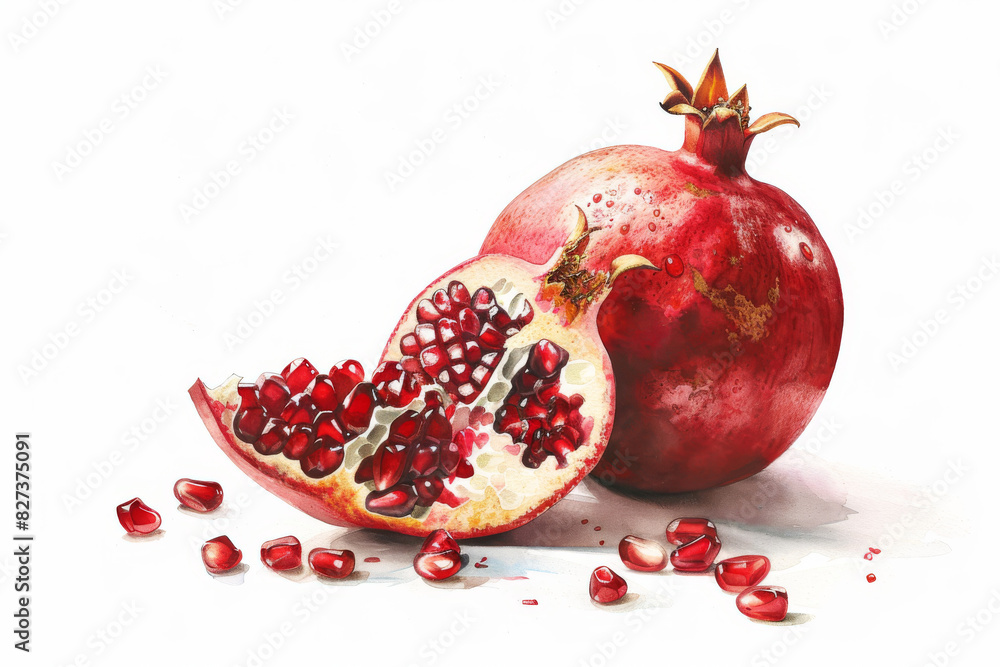 Traditional botanical print of a pomegranate split open showing seeds.academy, aesthetic,isolated on white background, old botanical illustration Traditional botanical print of a pomegranate split open showing seeds.academy, aesthetic,isolated on white background, old botanical illustration