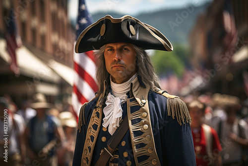 A historical reenactor dressed in a Revolutionary War uniform stands proudly in a festive parade, with American flags waving in the background. photo