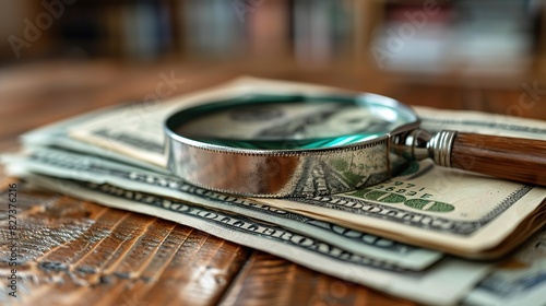 A conceptual depiction of a magnifying glass over a stack of bills, symbolizing financial scrutiny. photo