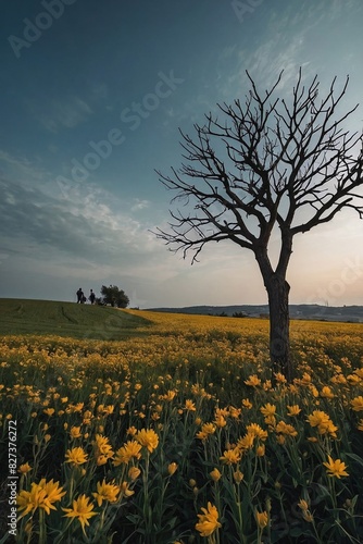 Wallpaper Mural Lone Tree in a Field of Yellow Flowers at Sunset Torontodigital.ca