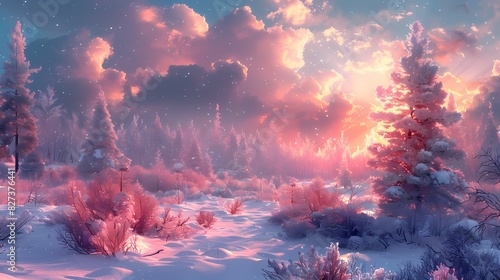 winter scene with the sky in soft fluffy hues of pink and blue