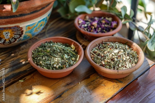Assorted herbal tea ingredients displayed in terra cotta pots on a wooden table  with natural light