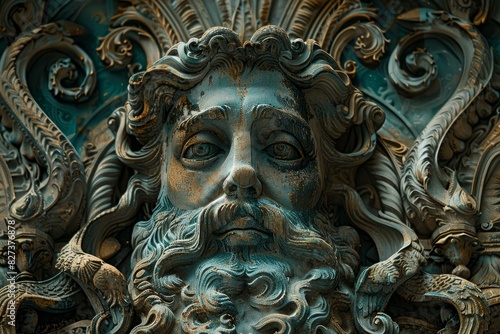 Closeup view of a weathered bronze sculpture depicting a bearded man's face surrounded by intricate designs