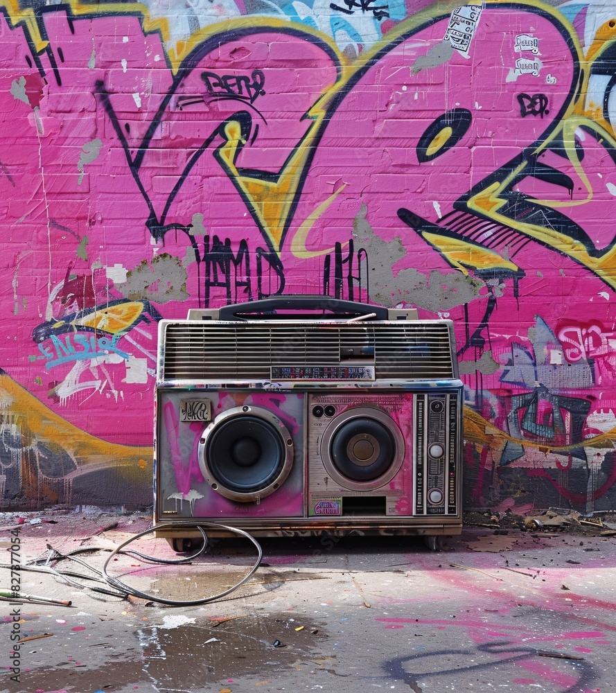 Fototapeta premium Urban Graffiti and Vintage Radio: A Contrast of Urban Aesthetics
