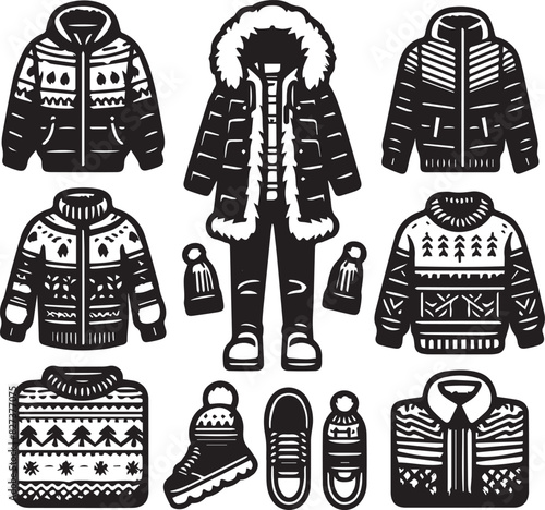 Winter Clothes Set Vector Illustration Silhouette. Fashin clothe design collection for holiday gift