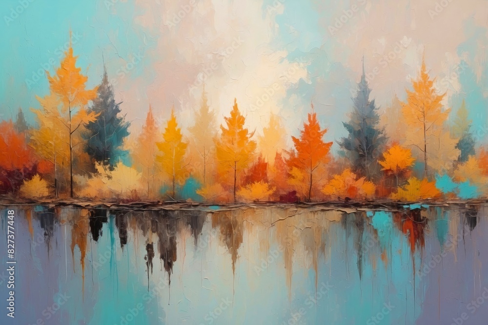 Obraz premium Colorful abstract autumn landscape forest wood trees painting with vibrant colors, seasonal theme concept texture design.
