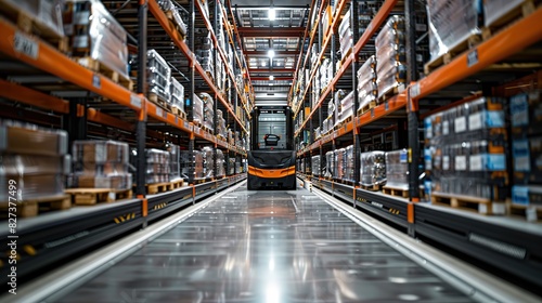 An automated guided vehicle (AGV) transporting goods in a warehouse. photo