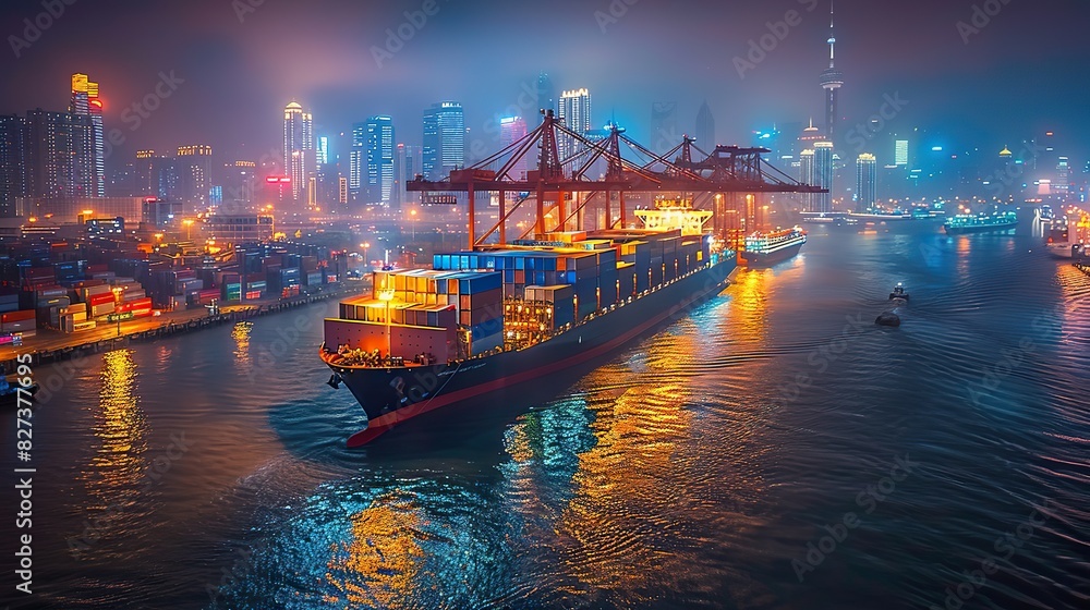 Obraz premium A cargo ship docked at a port with cranes unloading containers, illustrating economic trade.