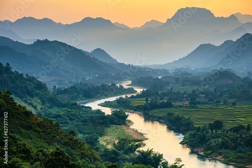 Scenic View of a River Valley in Asia at Sunset