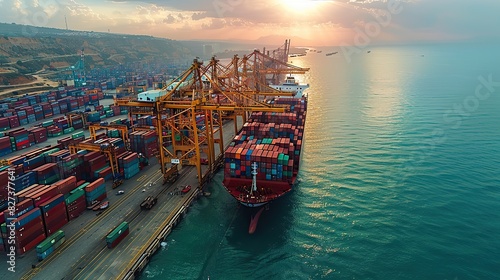 A cargo ship docked at a port with cranes unloading containers, illustrating economic trade.