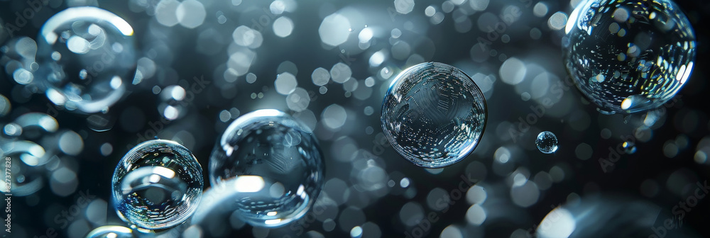 Floating water bubbles in dark background with sparkling reflections and bokeh effect creating a mesmerizing and dreamy atmosphere
Floating water bubbles in dark background with sparkling reflections and bokeh effect creating a mesmerizing and dreamy atmosphere