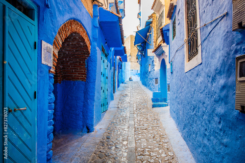 Photography Medina alleys and stairs of Chefchaouen, the famous Blue Pearl of Morocco or Blue City
