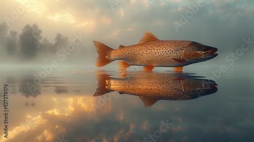 A lone trout swims through a misty lake at sunrise, its reflection shimmering on the water's surface. photo