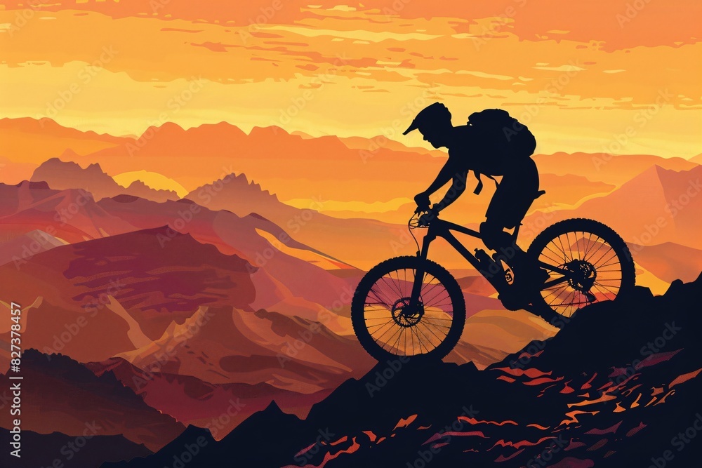 Obraz premium Adventure Cyclist on a Mountainous Terrain at Sunset