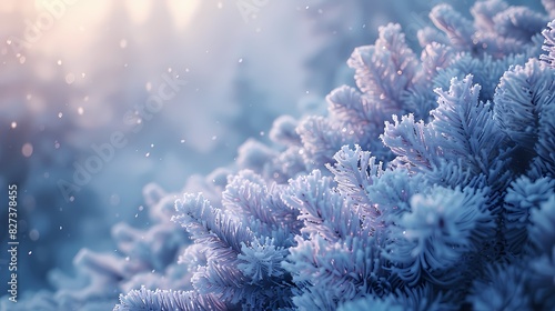 winter wonderland with snow-covered trees in soft fluffy hues of blue and lavender