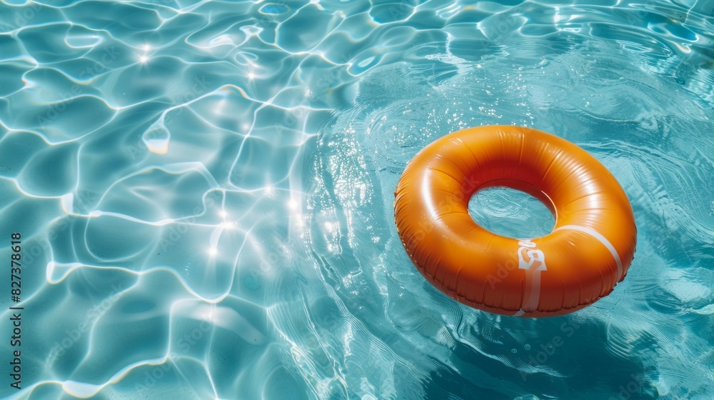 A large orange inflatable ring floats on the surface of a pool A large orange inflatable ring floats on the surface of a pool