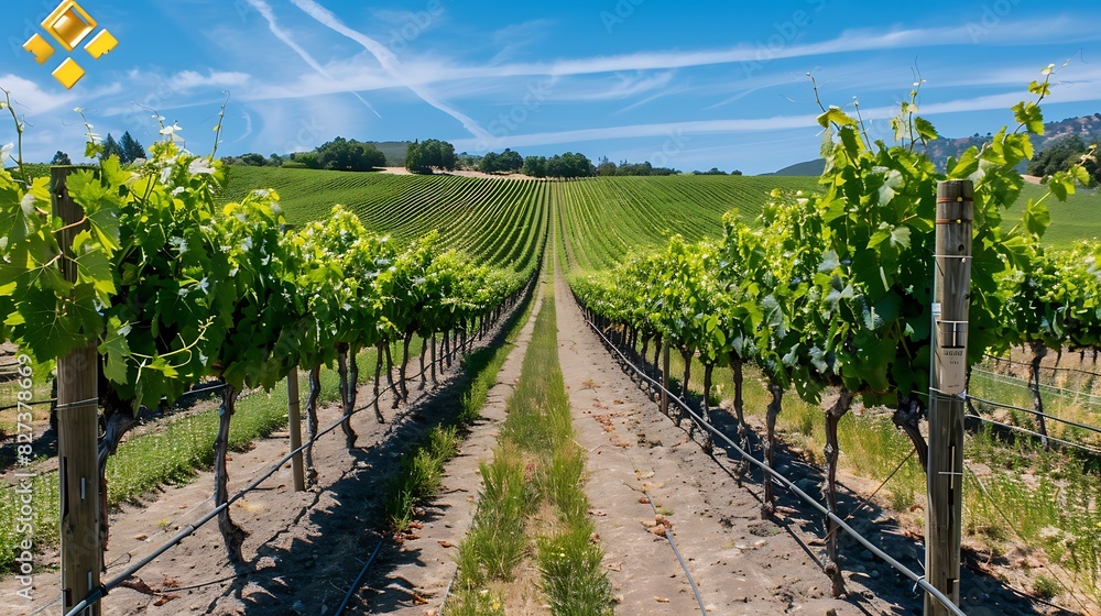 Captivating Beauty: A Serene Vineyard Landscape, Where Vines Stretch into the Horizon, Bathed in Golden Sunlight, Inviting Tranquility and Wine-Lovers Alike.