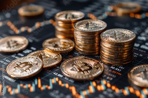 Stacks of Bitcoin cryptocurrency coins on a chart showing price fluctuations.