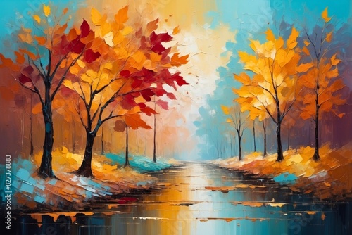 Colorful abstract autumn landscape forest wood trees painting with vibrant colors, seasonal theme concept texture design.