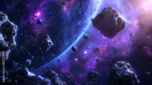Cosmic starry sky, meteorites, asteroid belts