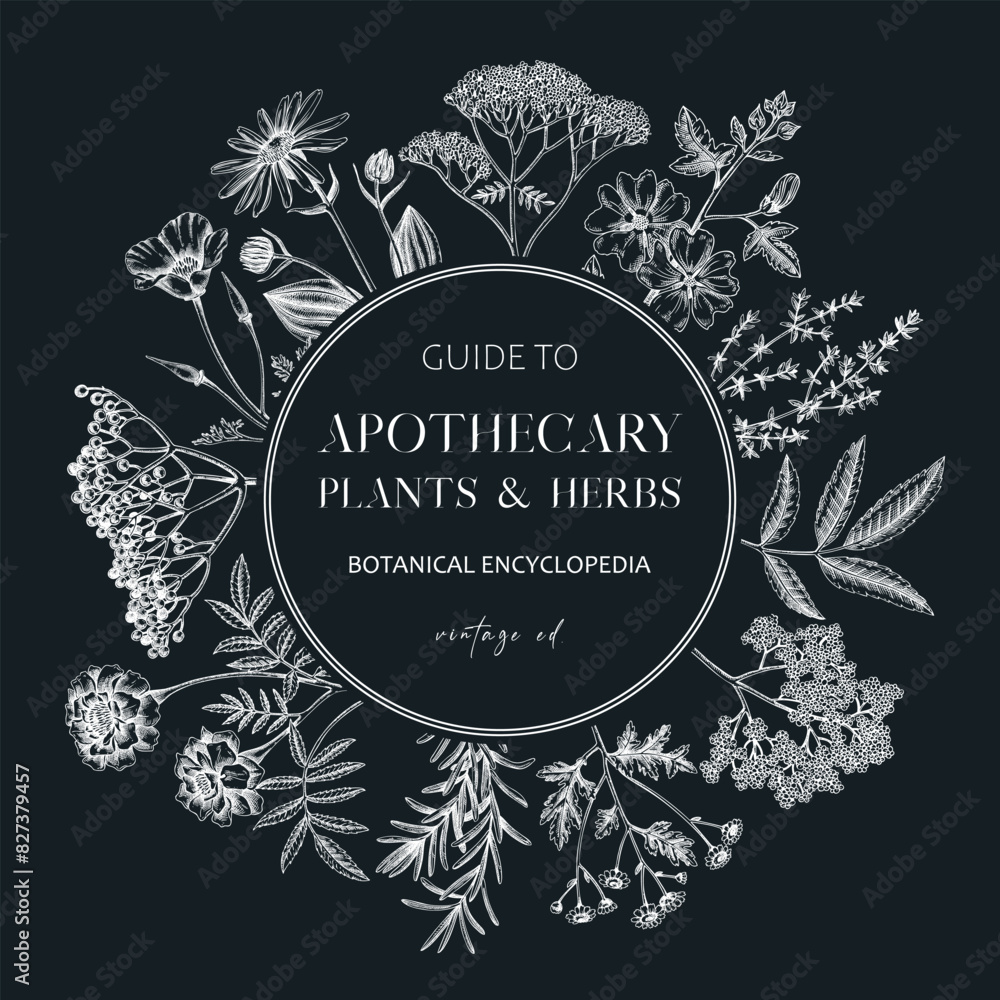 Apothecary plant frame design. Witchcraft background on chalkboard. Herbal remedies, medicinal plants, witch herbs, natural medicine hand-drawn vector illustration. NOT AI generated Apothecary plant frame design. Witchcraft background on chalkboard. Herbal remedies, medicinal plants, witch herbs, natural medicine hand-drawn vector illustration. NOT AI generated