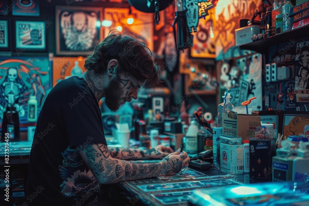 A tattoo artist working on a punkinspired skeleton tattoo, in a shop filled with punk rock memorabilia, blacklight effect