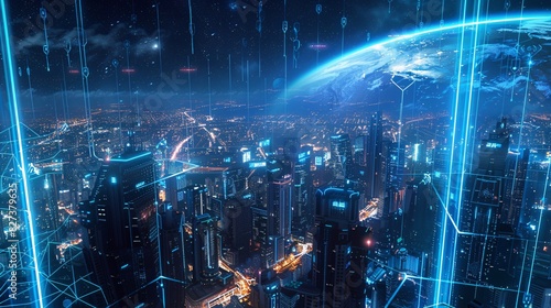 A high-angle view of a futuristic cityscape bathed in the cool light of night. The city sprawls out beneath the viewer  a labyrinth of glowing blue lines representing streets and pathways. Towering