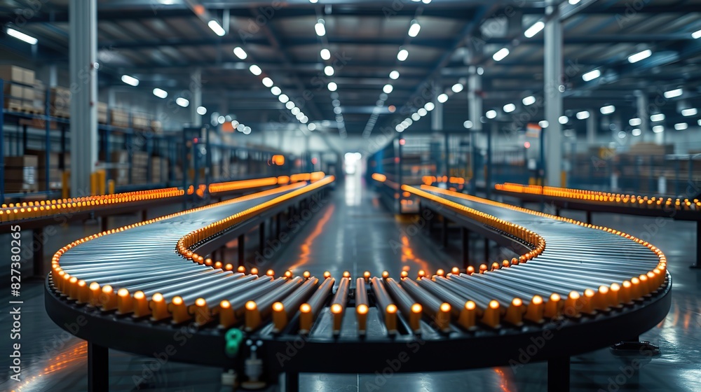 A warehouse with conveyor belts and sorting machines. A warehouse with conveyor belts and sorting machines.