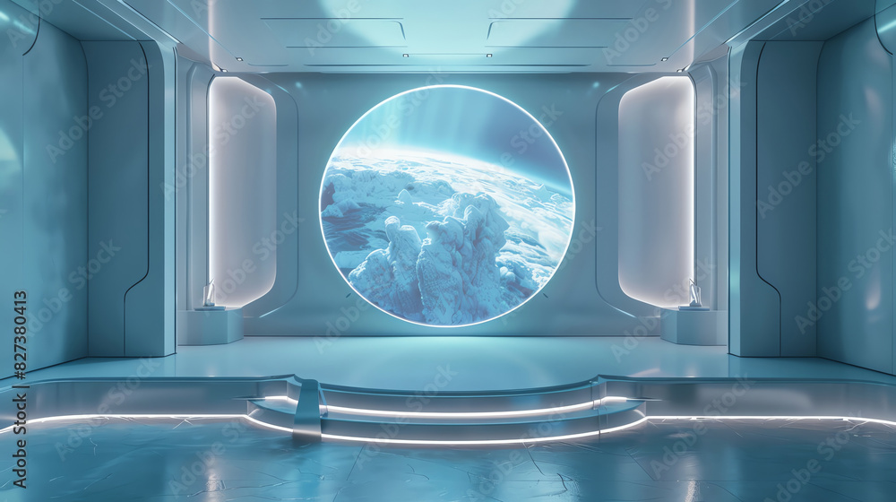 Futuristic spaceship interior with a large window showing a breathtaking view of distant planet and clouds. Modern sci-fi design. Futuristic spaceship interior with a large window showing a breathtaking view of distant planet and clouds. Modern sci-fi design.