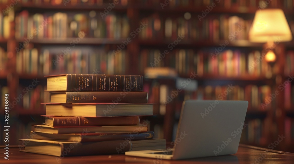 Fototapeta premium A Cozy Corner for Reading: A Laptop in a Bookcase